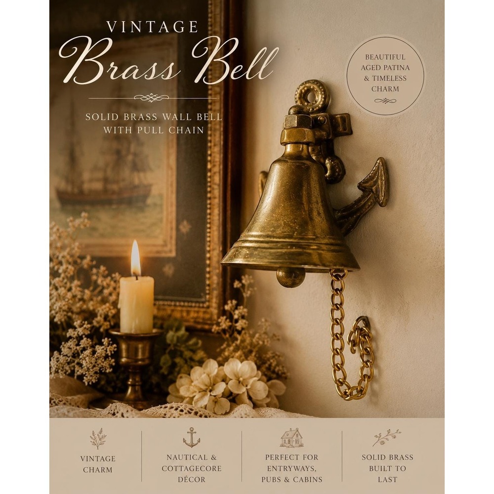 Vintage Solid Brass Wall Bell with Chain Cottagecore Nautical Door Bell Decor